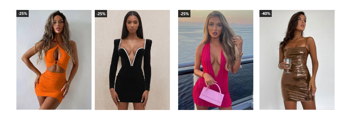 Orange, black, red, and brown women's party dresses.